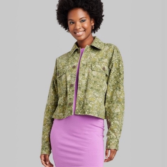 wild fable Jackets & Blazers - Wild Fable Cropped Floral Oversized Jean Jacket Green Floral Print NWT Retail$44